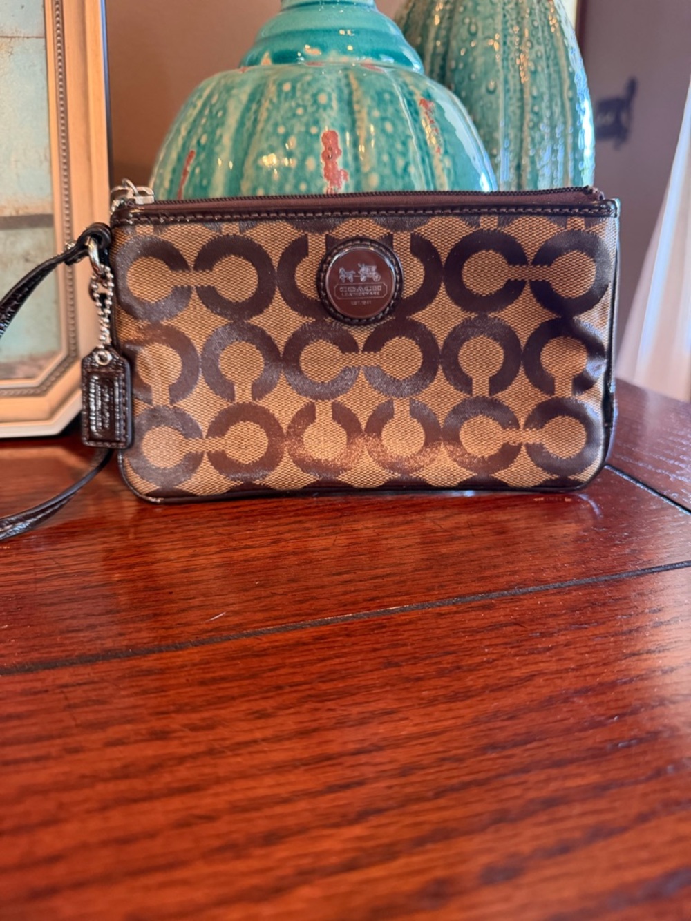 Coach Signature C Logo Wristlet in Brown/Tan